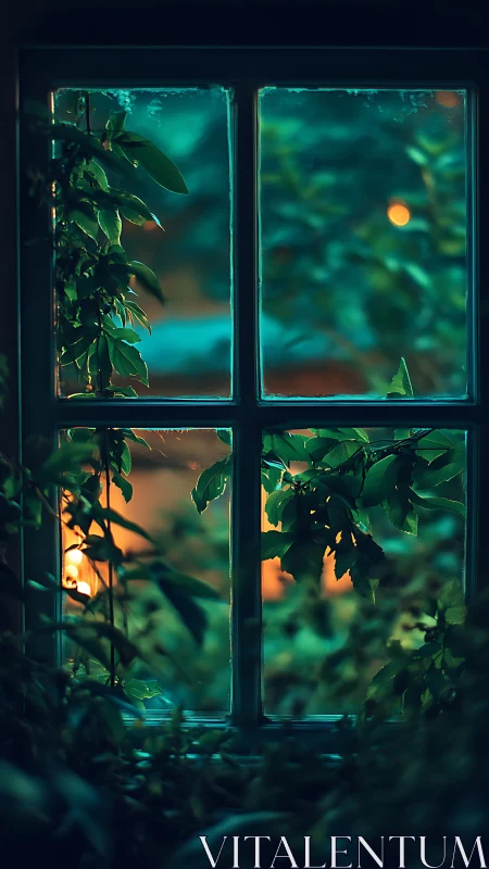 Night garden vines frame window with warm blurred lights