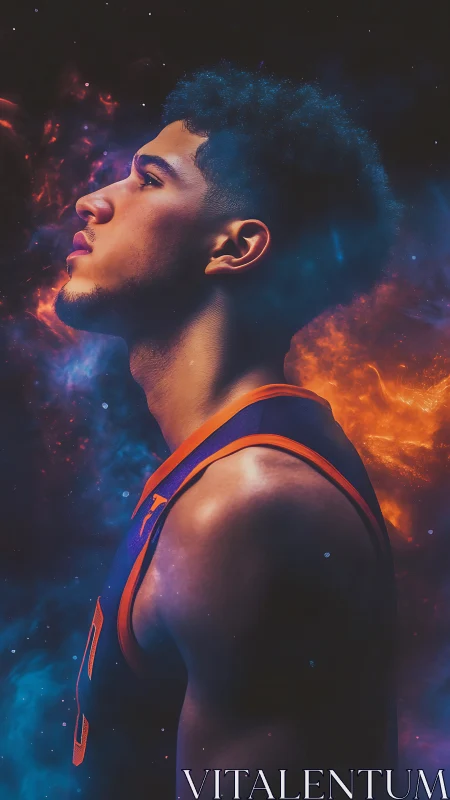 Basketball player profile glows against cosmic nebula backdrop