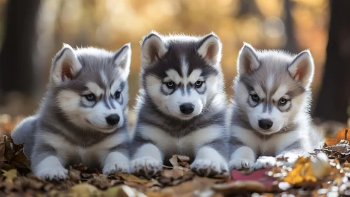 Trio of fluffy husky puppies relaxing in golden autumn leaves.