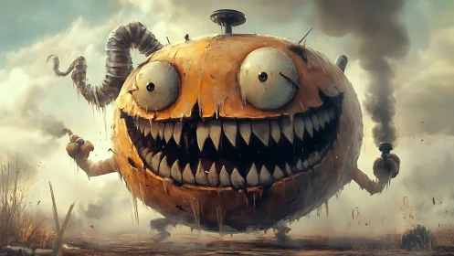 Grinning rustball monster stomps through smoky wasteland.