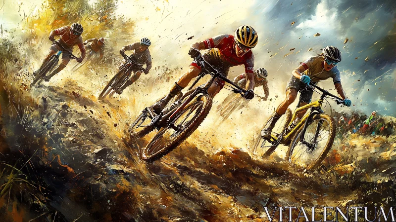 Dynamic digital painting of extreme downhill mountain bikers.
