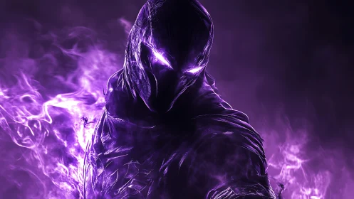 Shadow warrior shrouded in glowing violet plasma storm