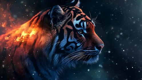 Celestial fire tiger strides through embers and starlight.