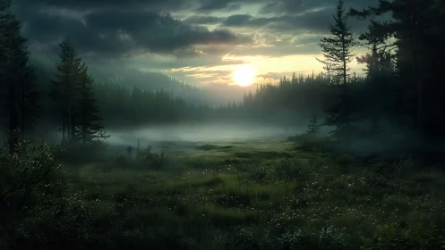 Morning mist drifting through a quiet forest valley.