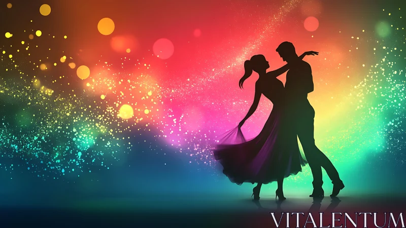Silhouetted Couple Mid-Tango Against Multichromatic Particle Field.
