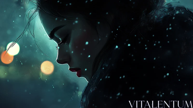 Quiet winter portrait of a woman lost in soft snowfall.