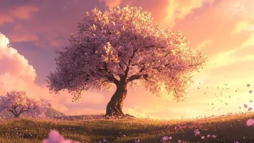Single cherry blossom tree stands in glowing sunset field