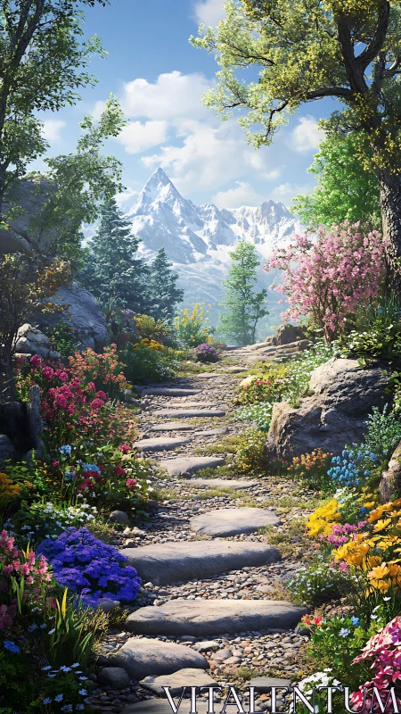 Sunlit garden path gently leads toward peaceful snowy peaks