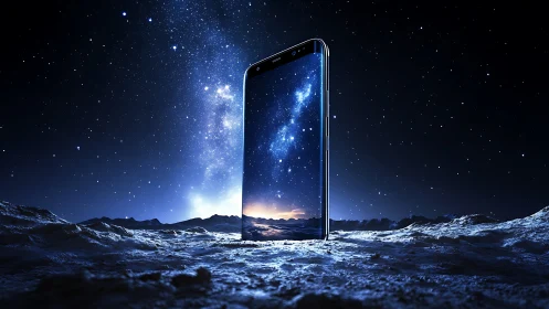 Starlit smartphone rises like a cosmic gateway on lunar ground