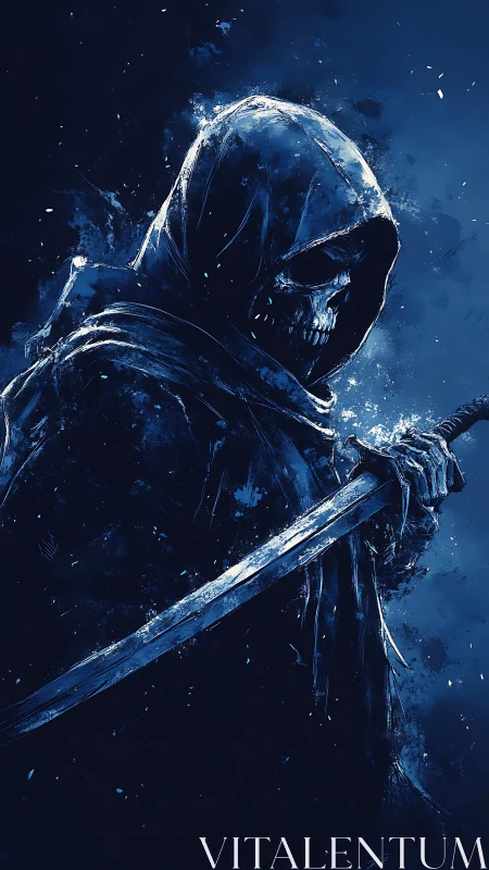 Hooded skeletal figure with sword in monochrome blue palette.