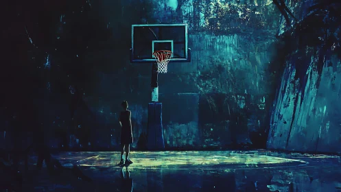 Quiet midnight court with a lone dreamer and glowing hoop.