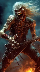Skeletal electric guitarist figure in fiery concert setting.