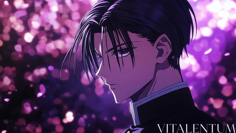 Side profile anime boy before purple bokeh light field.