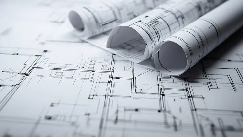Architectural Blueprints with Rolled Technical Drawings.
