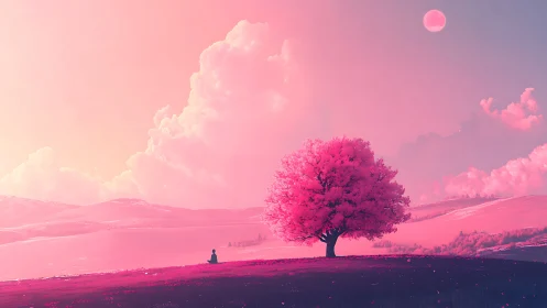 Quiet pink hillside dreams under a lone radiant tree.