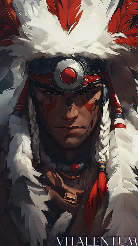 War-painted guardian in crimson-feathered ceremonial headdress.