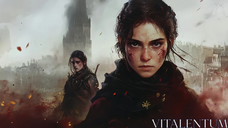 Digital painting portrait of battle-scarred heroine in ruins.