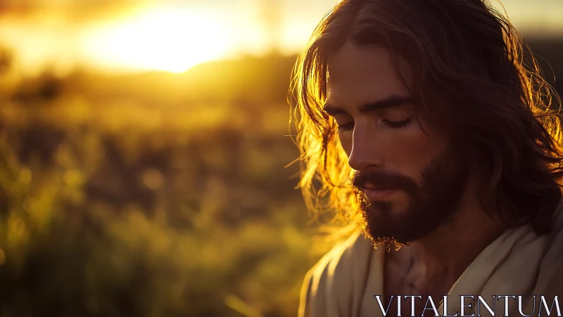Contemplative man in golden sunset field portrait lighting.
