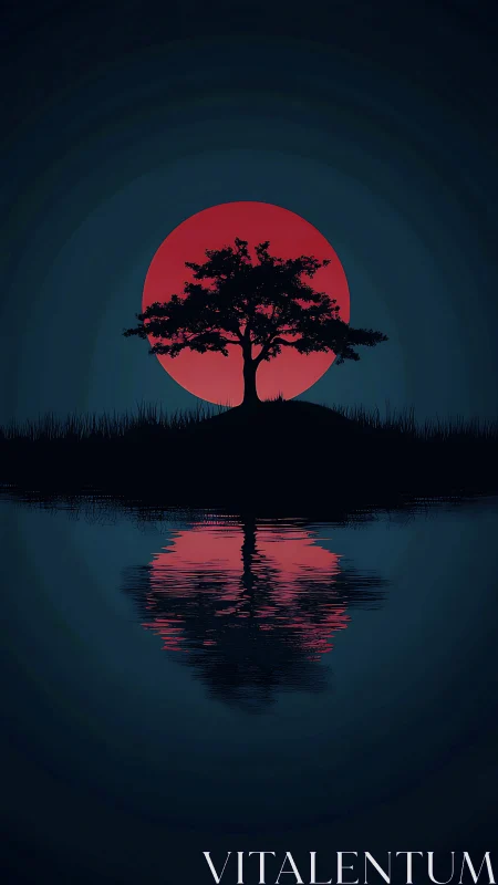Solitary tree silhouettes against a blood-red moonlit lake