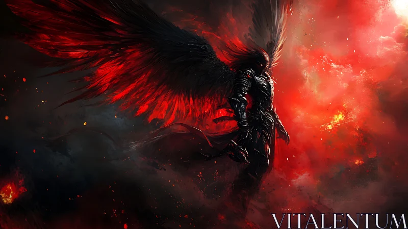 Fierce winged warrior rising through glowing crimson storm.