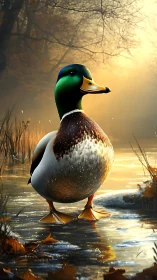 Photorealistic mallard on frozen pond in golden backlight.
