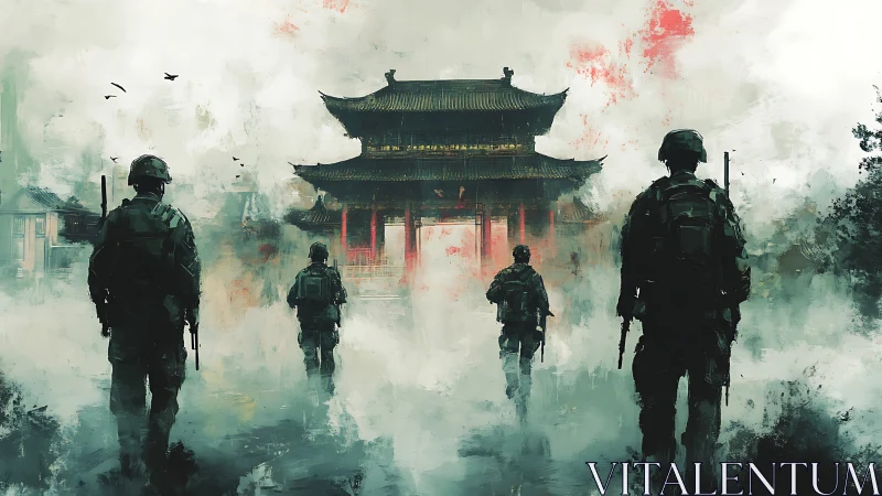 Modern infantry patrol advancing toward mist-shrouded temple gate
