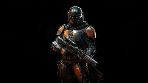 Digital painting of armored bounty hunter with dramatic chiaroscuro.