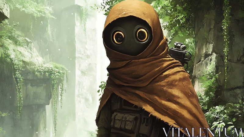 Hooded jungle scout robot listens to the ancient green silence