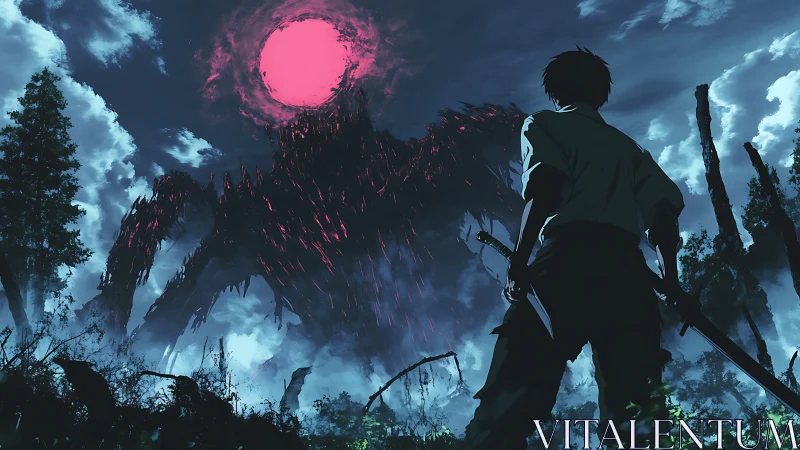 Backlit swordsman confronts colossal void entity under crimson sun