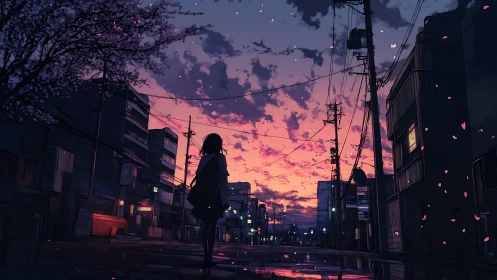 Silhouetted figure stands on urban street at dusk sky