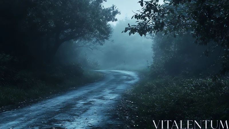 Moonlit forest road curves through dense midnight fog.