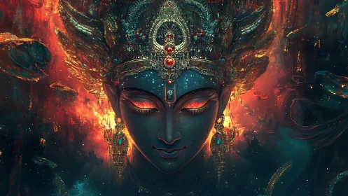 Cosmic goddess portrait in luminous digital painting symmetry.