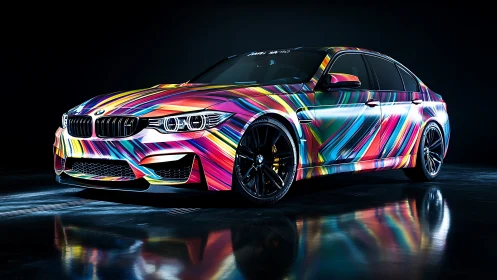 BMW sports sedan shows multicolor striped custom wrap design