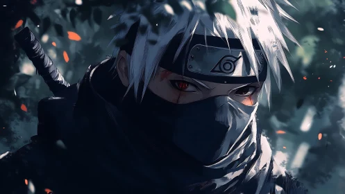Anime shinobi portrait with dramatic lighting and foliage framing.