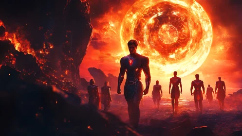 Stellar sentinels traverse volcanic exoplanet under radiant star.