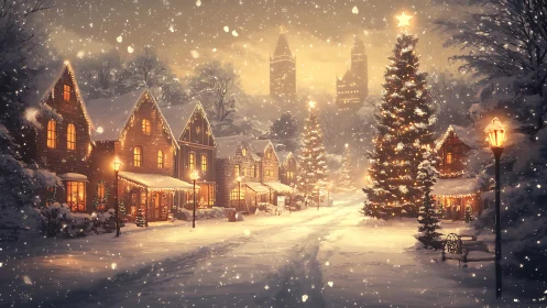 Snowlit Christmas village street wrapped in golden wonder.