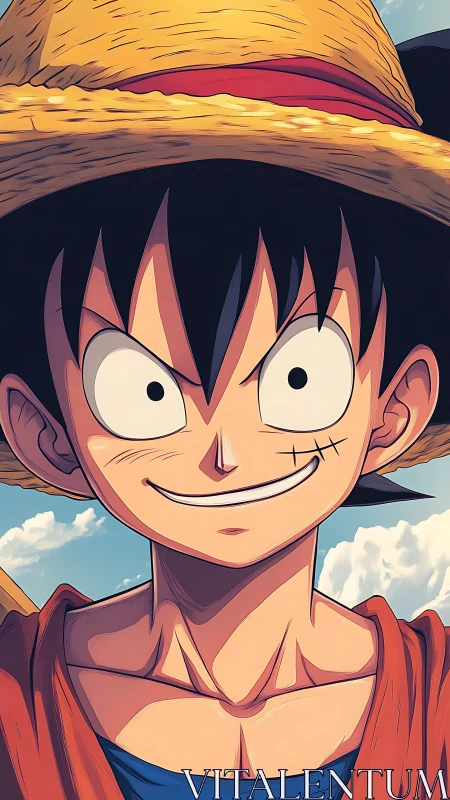 Sunny straw hat hero smiles brightly under open skies