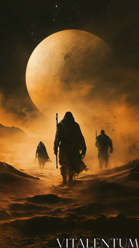 Desert nomads cross burning dunes beneath colossal moon.