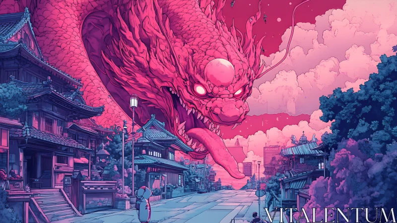 Colossal neon dragon descends over quiet futuristic street