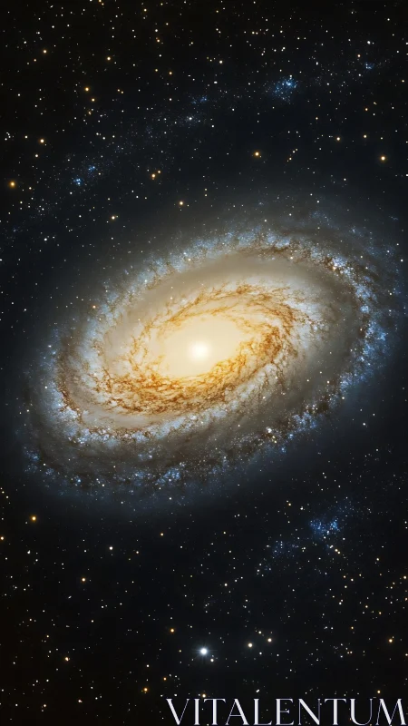 Spiral galaxy glows with radiant golden core in deep space.