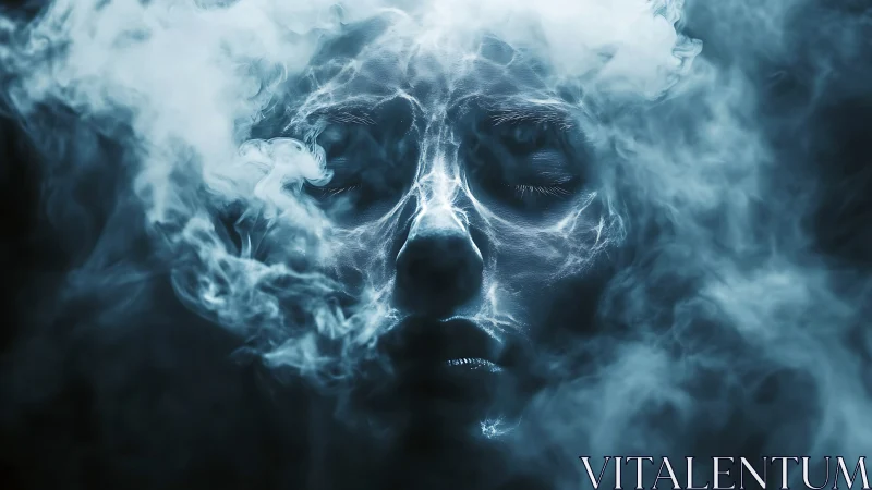 Human face obscured by swirling blue smoke in darkness.
