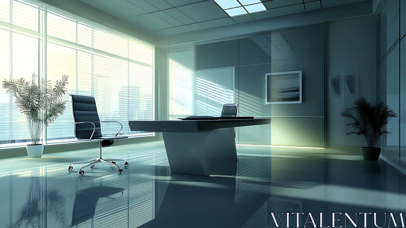 Sunlit glass office sanctuary with sleek chrome solitude.