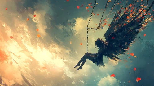 Dark winged girl on chains swing over glowing sky