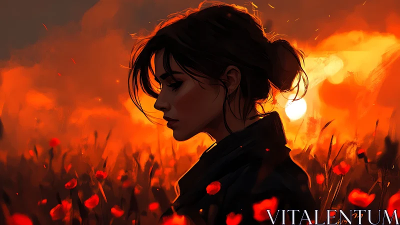 Solitary woman in burning sunset poppy field silhouette.