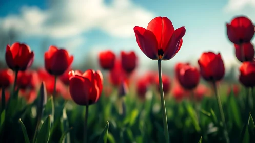 Radiant Red Tulips Bathed in Sunlight Against Clear Sky