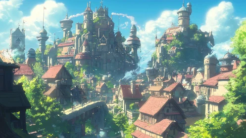 Elevated fantasy cityscape with tiered towers and red roofs.