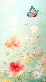 Soft Pastel Garden Symphony: Morpho Butterfly with Cosmos Florals