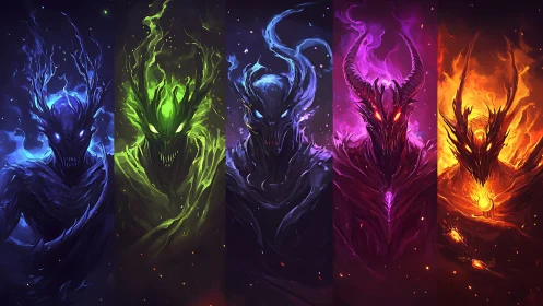 Five elemental spectral figures are arranged in vertical panels