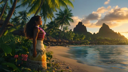 Woman in Hawaiian Attire Gazes at Stunning Island Paradise at Sunset