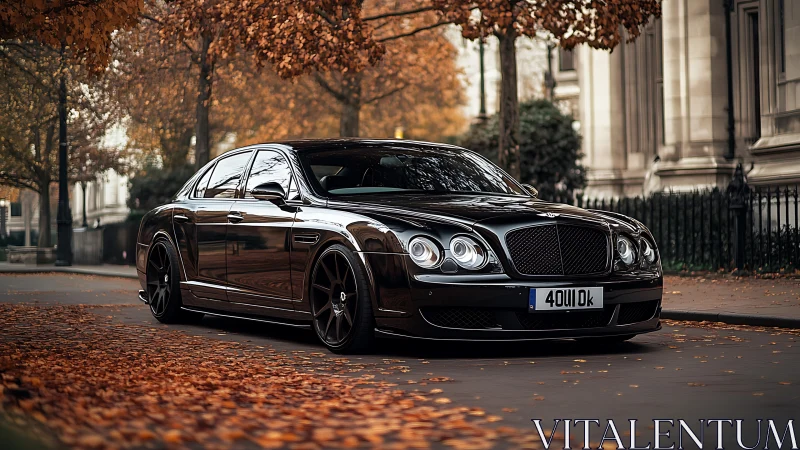 Low-angle autumn street study of black luxury sedan reflections